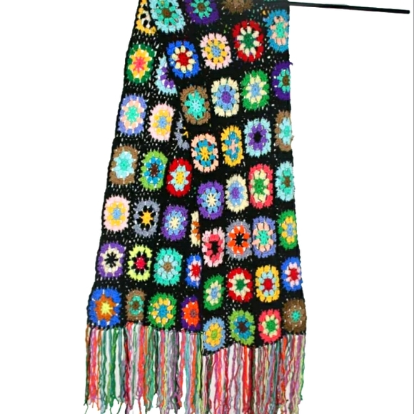 Black & Multicolor Granny Square Crochet Scarf - Picture 1 of 13